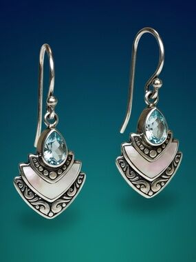 Artesian made signed / Annika Witt 925 Blue Topaz /Mother-of-Pearl Drop Earrings
